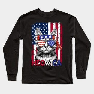 Men Women Funny Cat Lover 4th Of July Meowica American Flag Long Sleeve T-Shirt